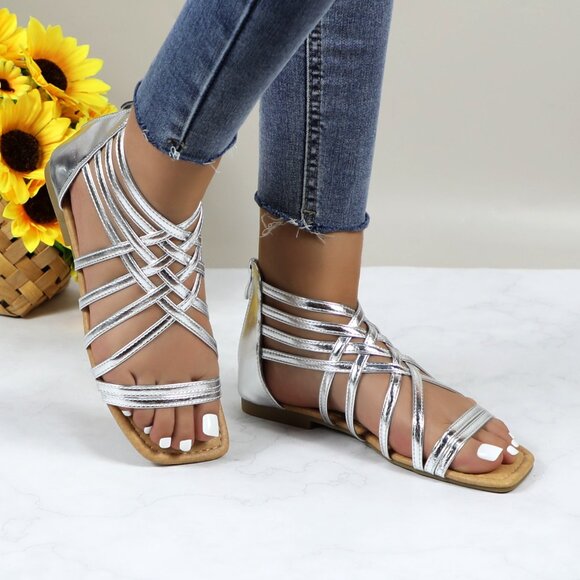 Women's Roman Gladiator Muliti Straped Back Zip Design Flat Heel Sandals Silver - Picture 2 of 5